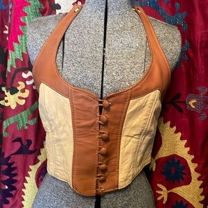 60s vintage Leather Halter Bustier Adjustable Lace-Up Moto Vibe Hippy Chick